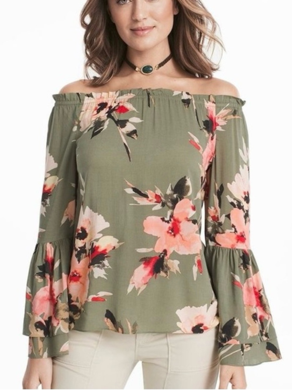 #17) White House Black Market Olive Green Off-Shoulder Floral Bell-Sleeve Top